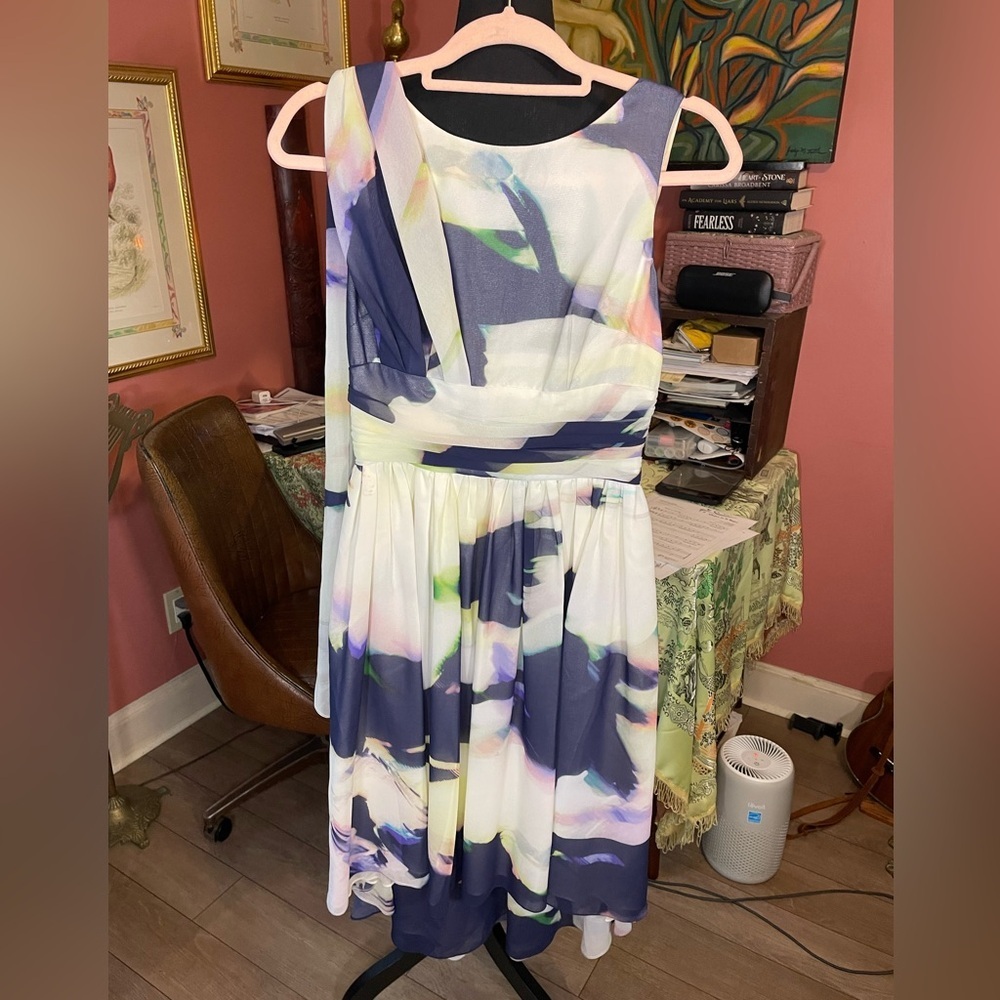 Hilton Hollis Marbled Cocktail Dress shoulder scarf & gathered waist Size 4 $600